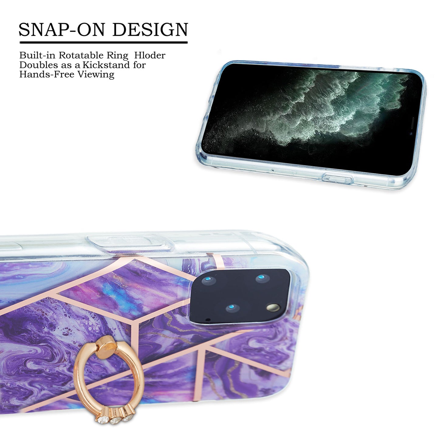 2.0mm TPU Phone Kickstand Cover IMD Electroplating IML Marble Pattern Snap-on Design Case for iPhone 11 Pro 5.8 inch