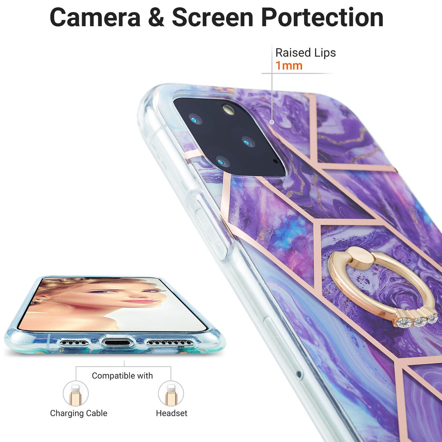2.0mm TPU Phone Kickstand Cover IMD Electroplating IML Marble Pattern Snap-on Design Case for iPhone 11 Pro 5.8 inch