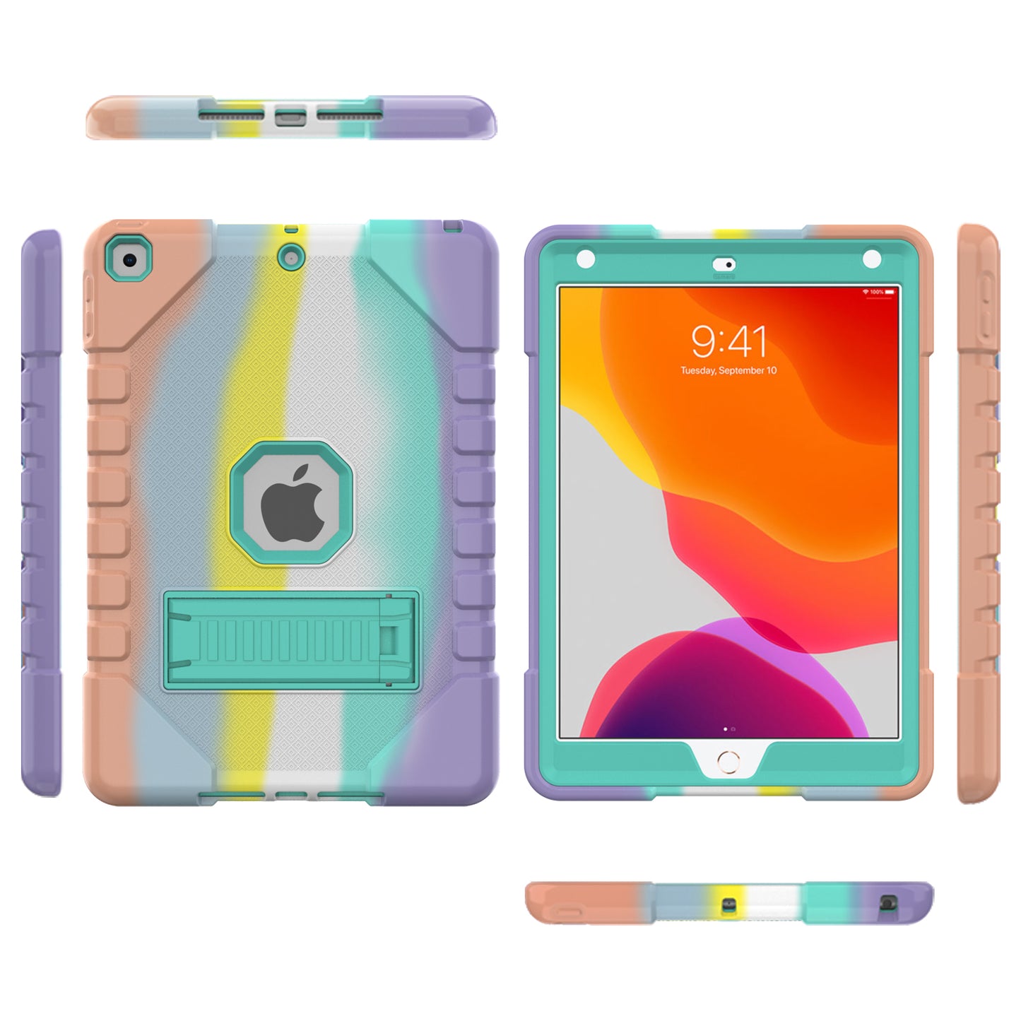 For iPad 10.2 (2021)/(2020)/(2019) Rainbow Design Tablet Cover Anti-fall Protection PC + Silicone Hybrid Case with Kickstand