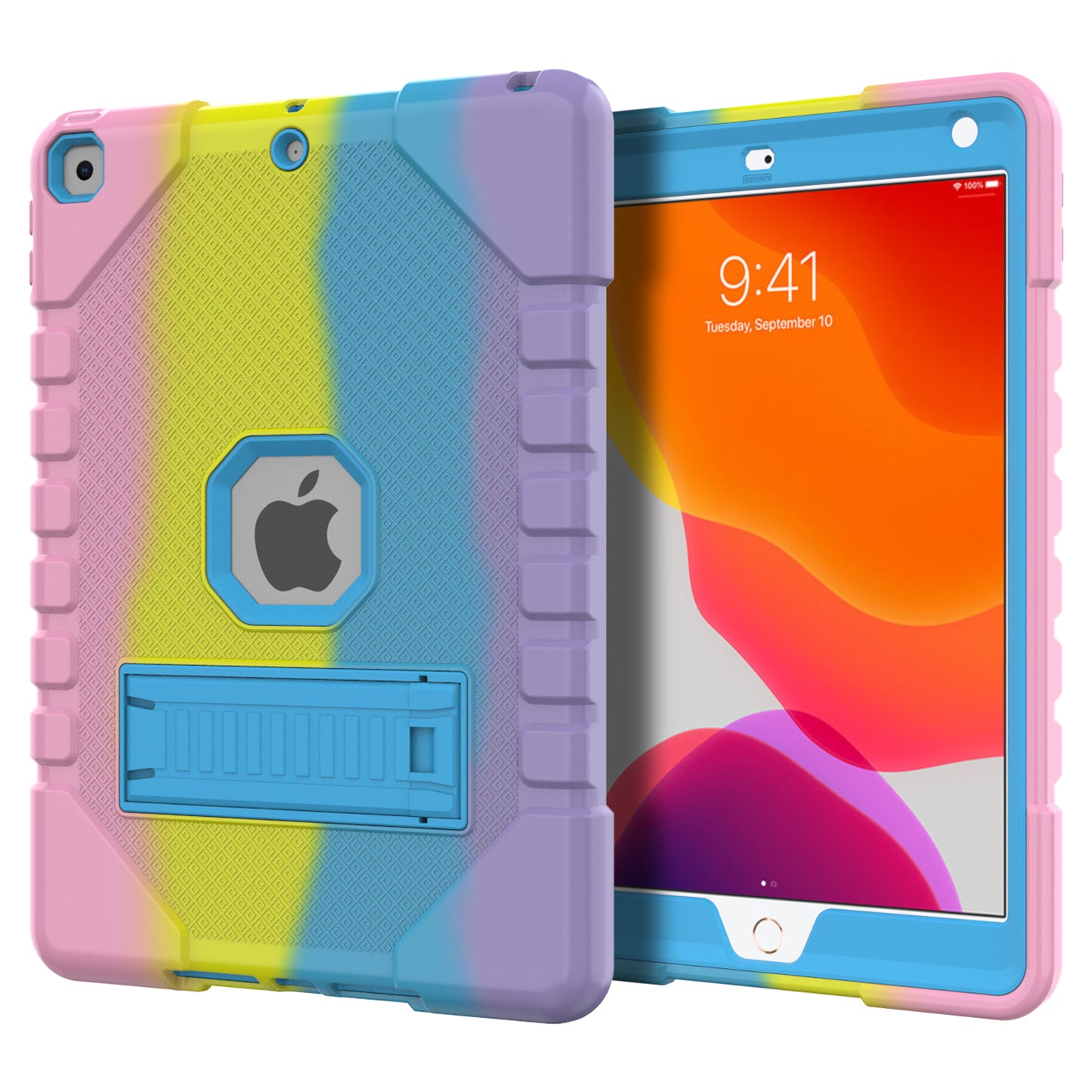 For iPad 10.2 (2021)/(2020)/(2019) Rainbow Design Tablet Cover Anti-fall Protection PC + Silicone Hybrid Case with Kickstand