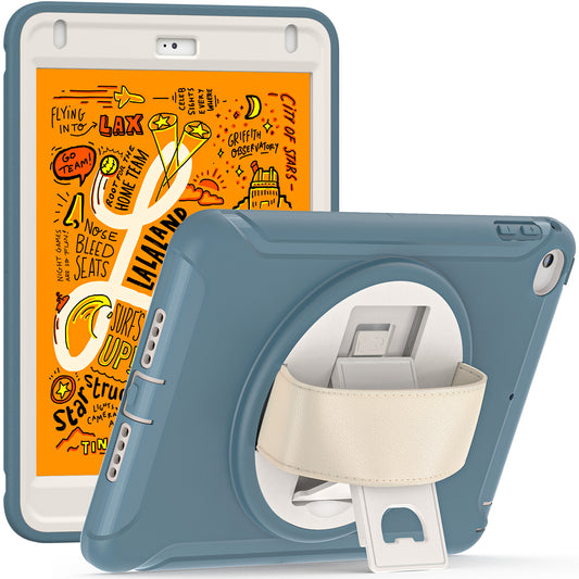 For iPad mini (2019) 7.9 inch/iPad mini 4 Rotary Kickstand PC + Silicone Hybrid Cover Anti-drop Tablet Case with Hand Strap