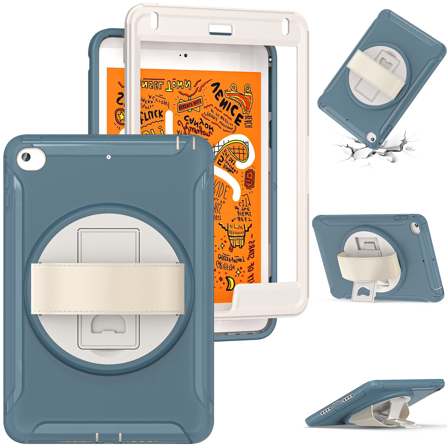 For iPad mini (2019) 7.9 inch/iPad mini 4 Rotary Kickstand PC + Silicone Hybrid Cover Anti-drop Tablet Case with Hand Strap