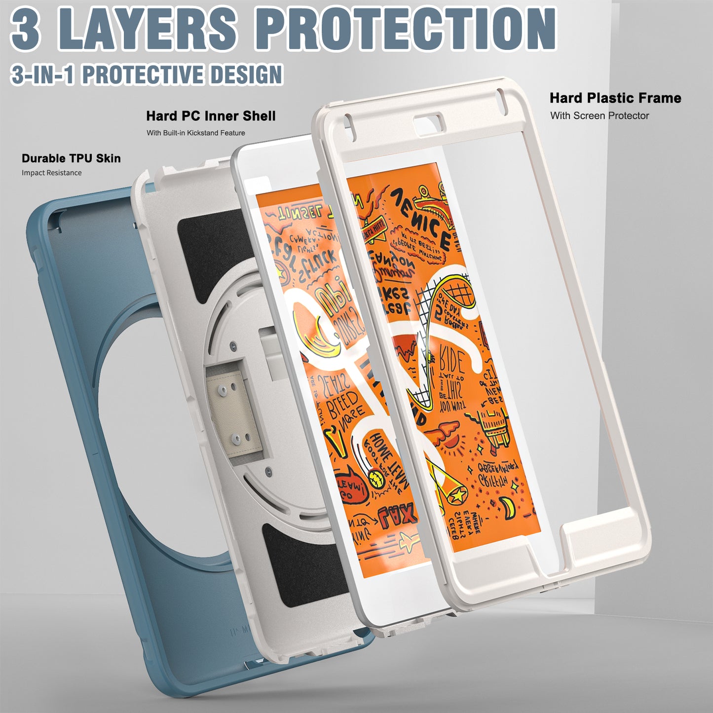 For iPad mini (2019) 7.9 inch/iPad mini 4 Rotary Kickstand PC + Silicone Hybrid Cover Anti-drop Tablet Case with Hand Strap