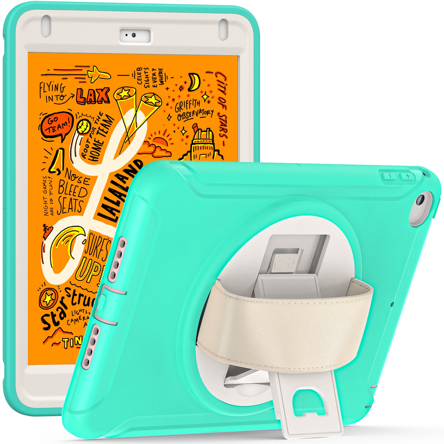 For iPad mini (2019) 7.9 inch/iPad mini 4 Rotary Kickstand PC + Silicone Hybrid Cover Anti-drop Tablet Case with Hand Strap