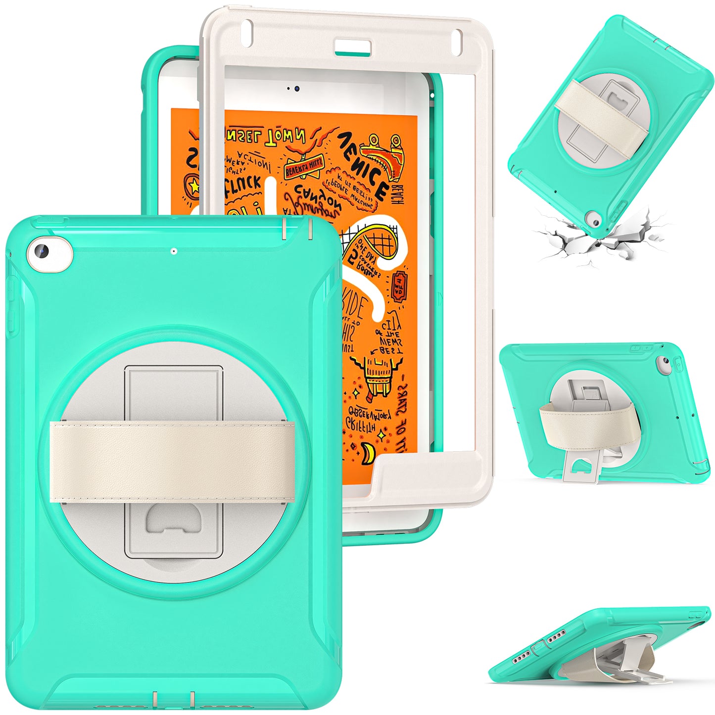 For iPad mini (2019) 7.9 inch/iPad mini 4 Rotary Kickstand PC + Silicone Hybrid Cover Anti-drop Tablet Case with Hand Strap
