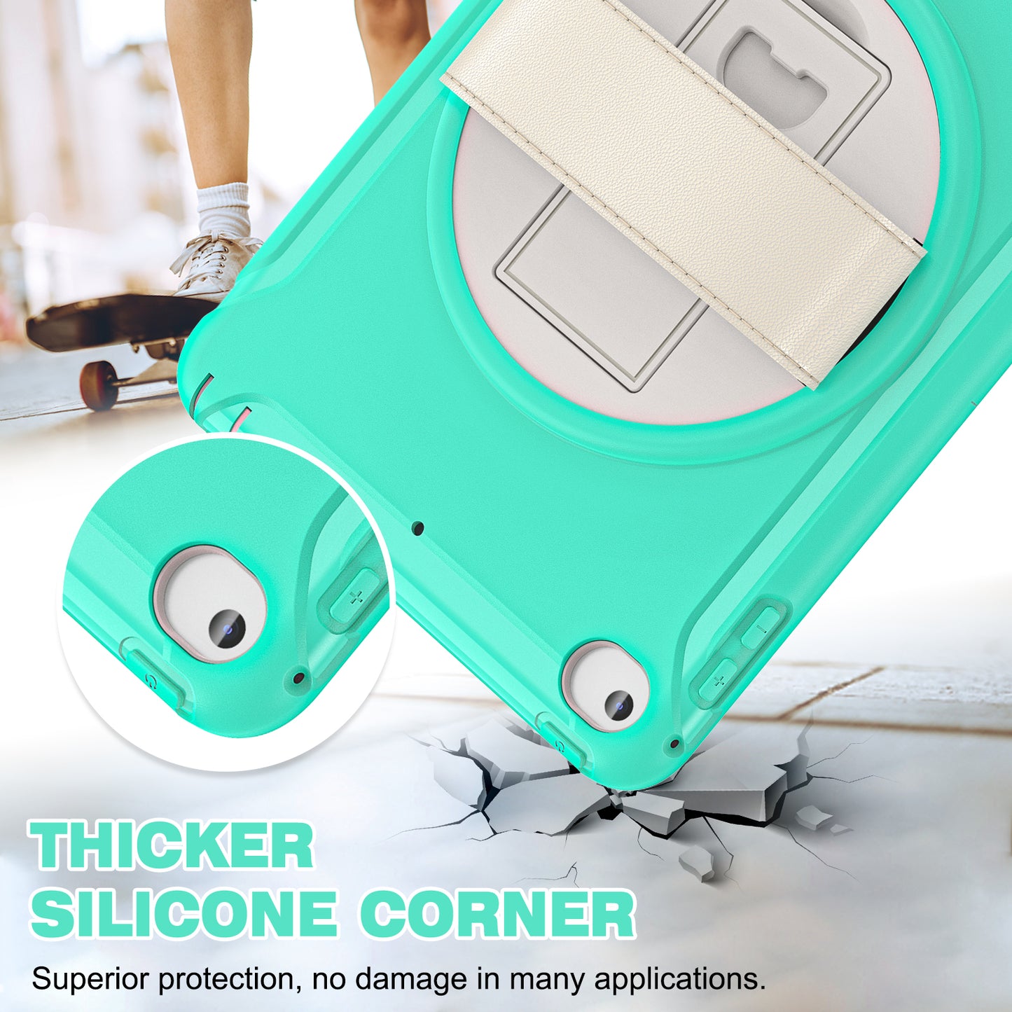 For iPad mini (2019) 7.9 inch/iPad mini 4 Rotary Kickstand PC + Silicone Hybrid Cover Anti-drop Tablet Case with Hand Strap