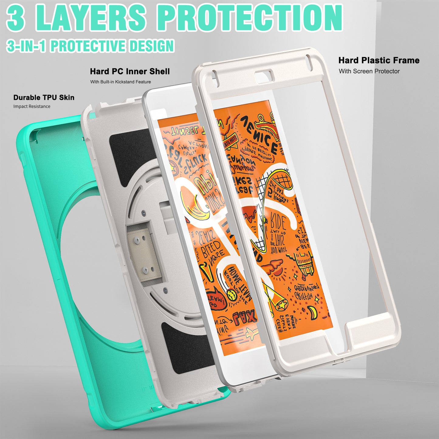 For iPad mini (2019) 7.9 inch/iPad mini 4 Rotary Kickstand PC + Silicone Hybrid Cover Anti-drop Tablet Case with Hand Strap