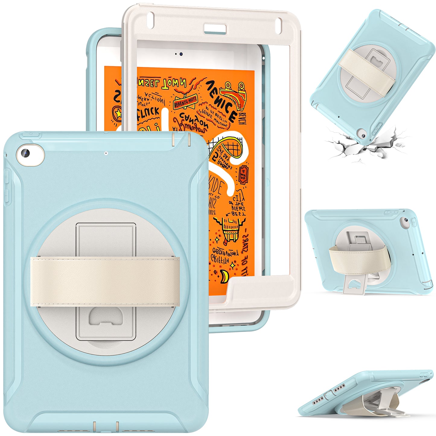 For iPad mini (2019) 7.9 inch/iPad mini 4 Rotary Kickstand PC + Silicone Hybrid Cover Anti-drop Tablet Case with Hand Strap