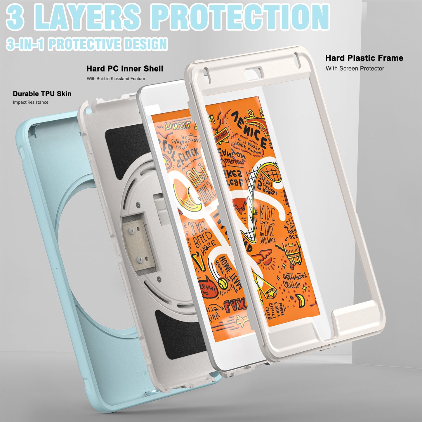 For iPad mini (2019) 7.9 inch/iPad mini 4 Rotary Kickstand PC + Silicone Hybrid Cover Anti-drop Tablet Case with Hand Strap