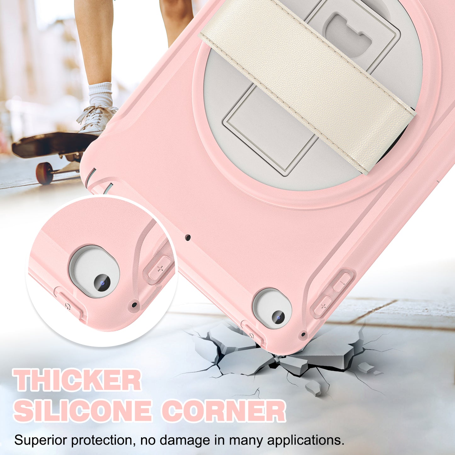 For iPad mini (2019) 7.9 inch/iPad mini 4 Rotary Kickstand PC + Silicone Hybrid Cover Anti-drop Tablet Case with Hand Strap
