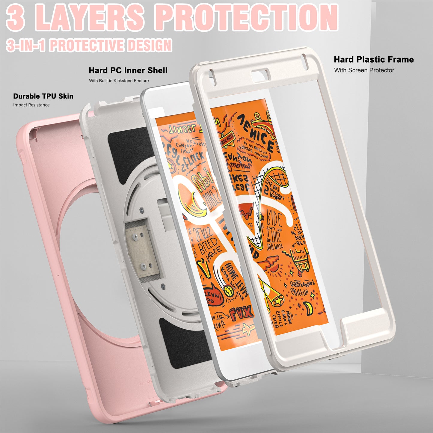 For iPad mini (2019) 7.9 inch/iPad mini 4 Rotary Kickstand PC + Silicone Hybrid Cover Anti-drop Tablet Case with Hand Strap