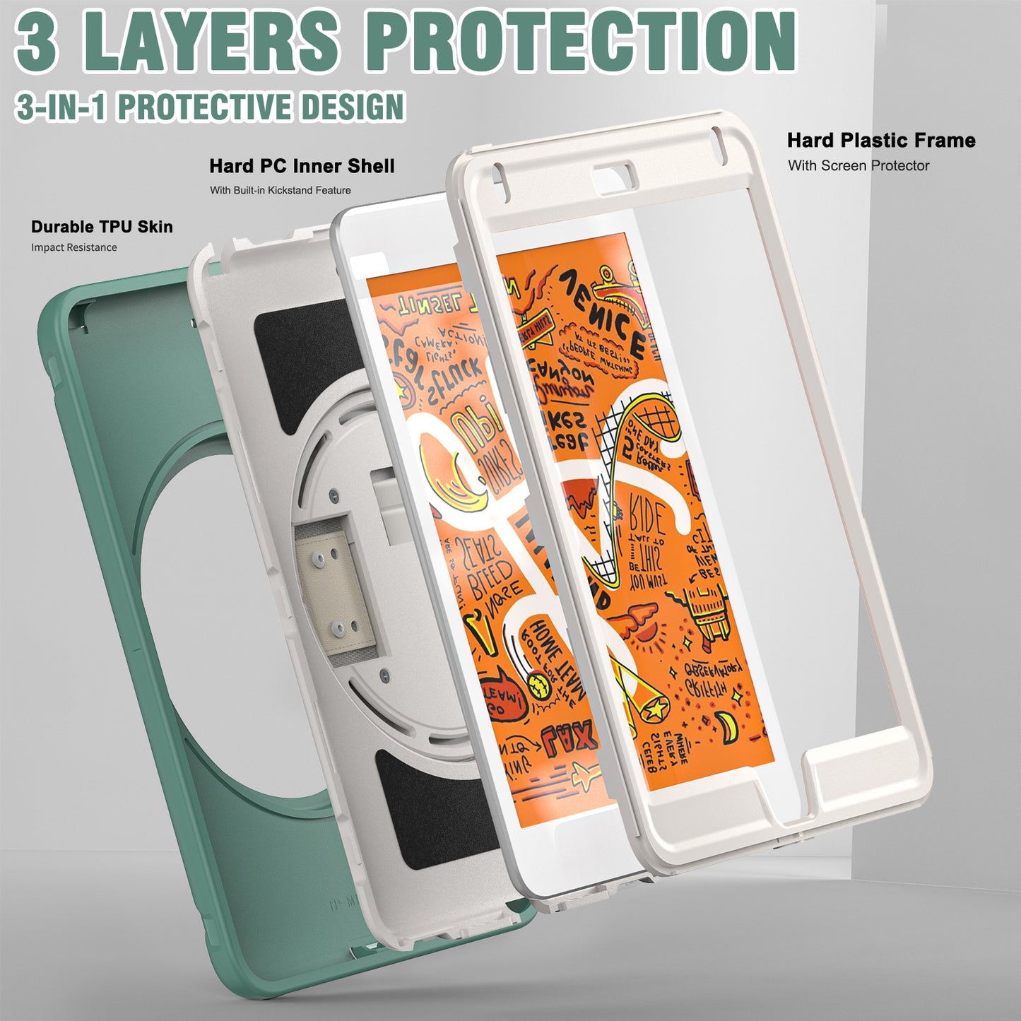 For iPad mini (2019) 7.9 inch/iPad mini 4 Rotary Kickstand PC + Silicone Hybrid Cover Anti-drop Tablet Case with Hand Strap