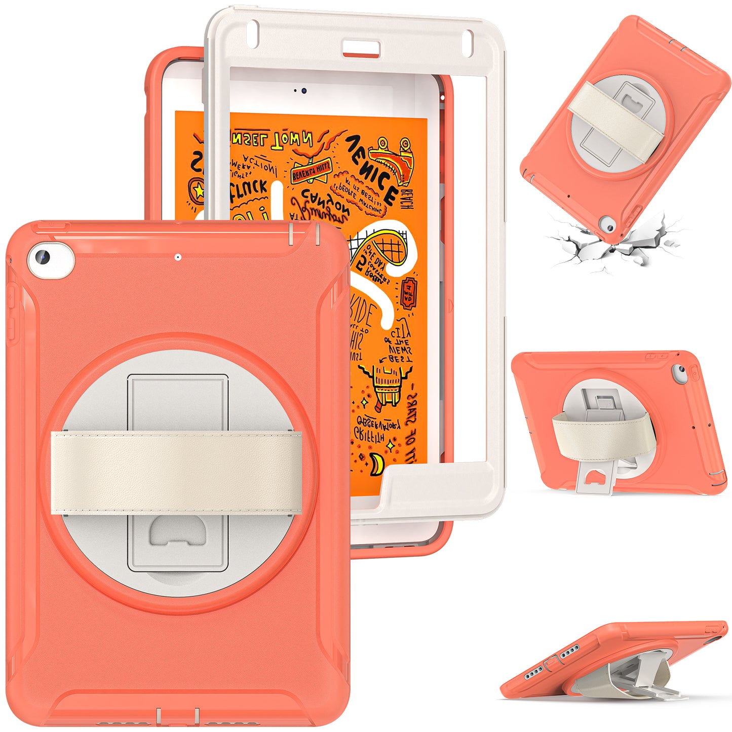 For iPad mini (2019) 7.9 inch/iPad mini 4 Rotary Kickstand PC + Silicone Hybrid Cover Anti-drop Tablet Case with Hand Strap