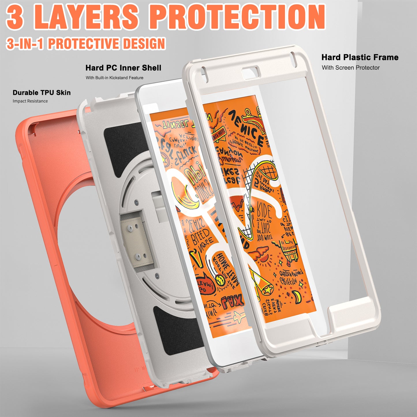 For iPad mini (2019) 7.9 inch/iPad mini 4 Rotary Kickstand PC + Silicone Hybrid Cover Anti-drop Tablet Case with Hand Strap