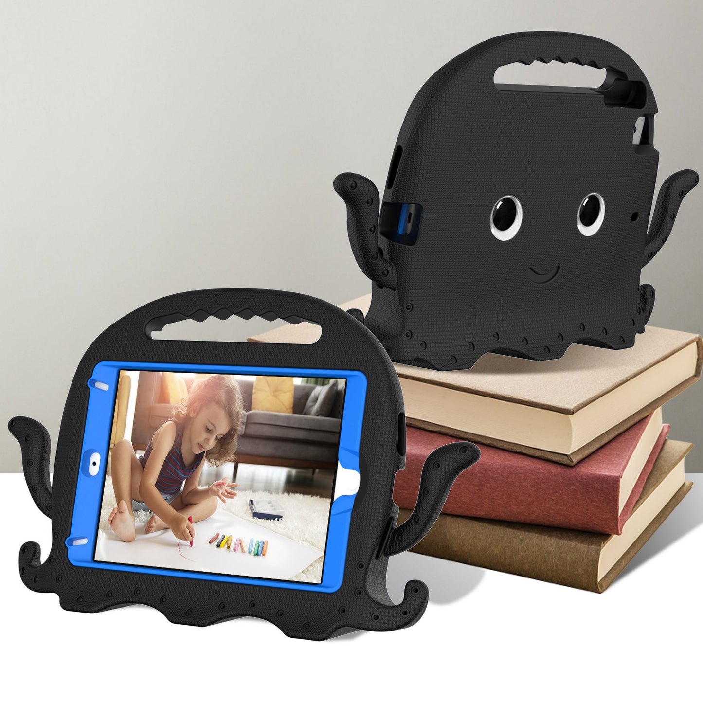 For iPad Mini/Mini 2/mini 3/mini 4/mini (2019) 7.9 inch EVA Tablet Case Cute Cartoon Octopus Protective Cover Pen Slot Design Anti-drop Case with Handle and Shoulder Strap