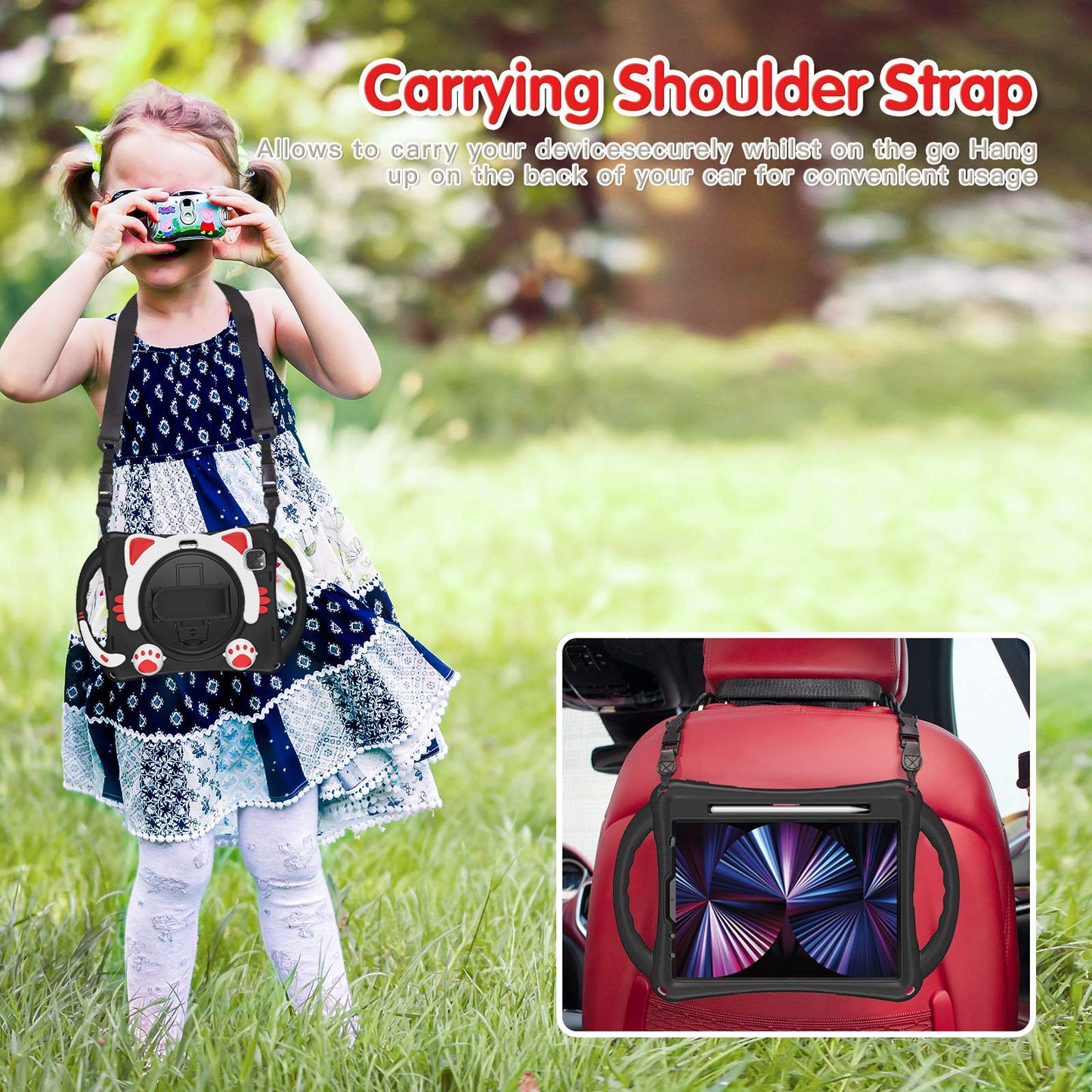 For iPad Air (2022)/(2020)/iPad Pro 11-inch (2021)/(2020)/(2018) Hand Strap Holder Protective Case PC + Silicone Kickstand Cover with Shoulder Strap and Pencil Holder
