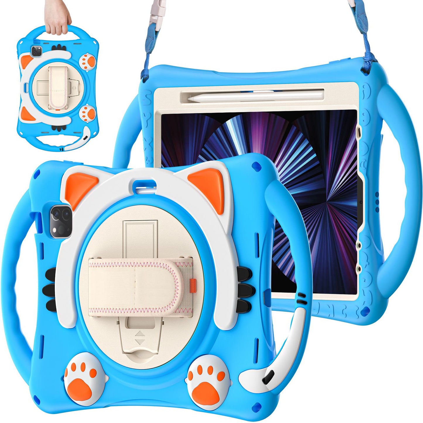 For iPad Air (2022)/(2020)/iPad Pro 11-inch (2021)/(2020)/(2018) Hand Strap Holder Protective Case PC + Silicone Kickstand Cover with Shoulder Strap and Pencil Holder