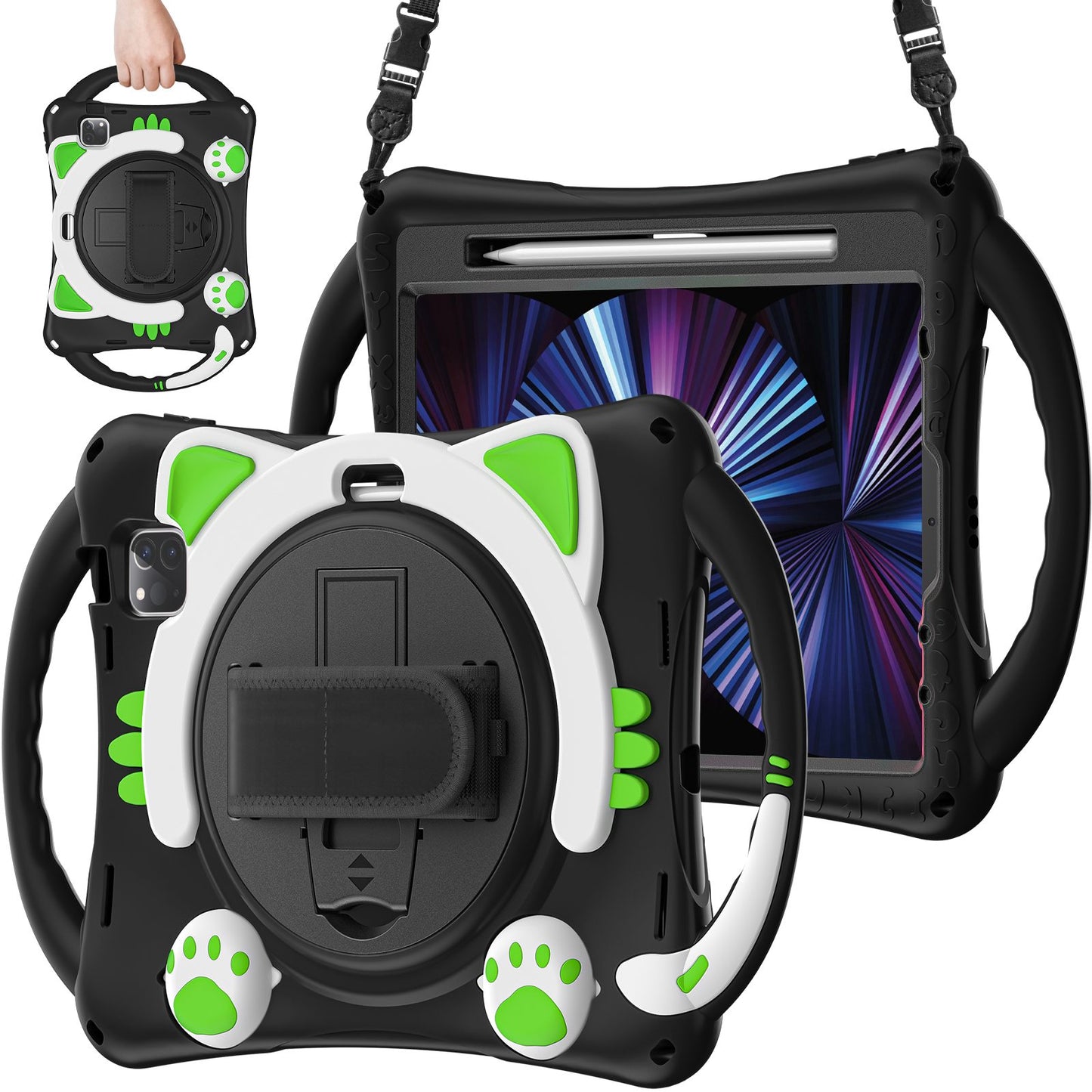 For iPad Air (2022)/(2020)/iPad Pro 11-inch (2021)/(2020)/(2018) Hand Strap Holder Protective Case PC + Silicone Kickstand Cover with Shoulder Strap and Pencil Holder