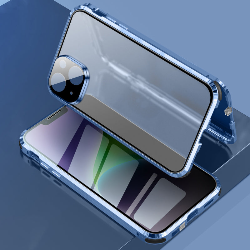For iPhone 14 Anti-drop Phone Cover Four Corners Protection Double-Sided Magnetic Metal Frame Anti-Spy Phone Case with Lock Buckle Design