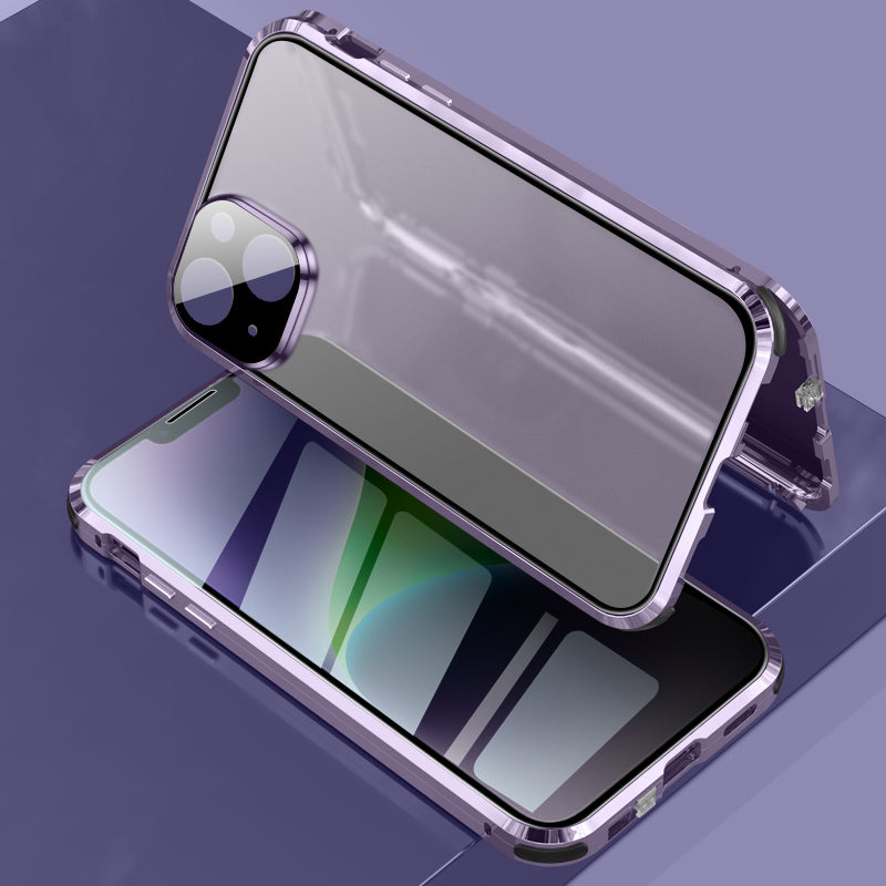 For iPhone 14 Anti-drop Phone Cover Four Corners Protection Double-Sided Magnetic Metal Frame Anti-Spy Phone Case with Lock Buckle Design