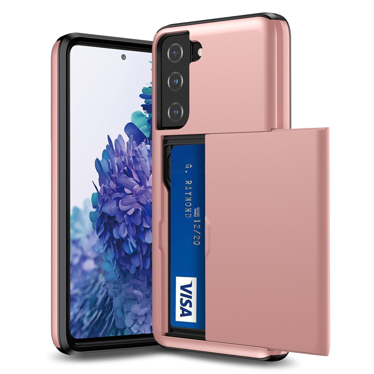 For Samsung Galaxy S21 4G/5G Anti-scratch Sliding Card Holder PC + TPU Hybrid Phone Cover Case