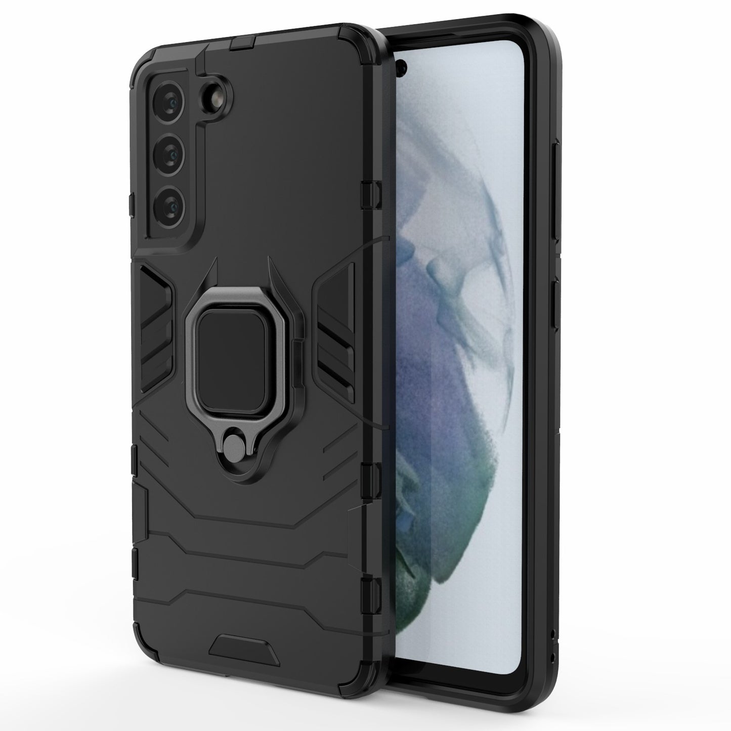 2-in-1 PC TPU Cool Guard Hybrid Cover Well-Protected Case with Ring Holder Kickstand for Samsung Galaxy S21 FE