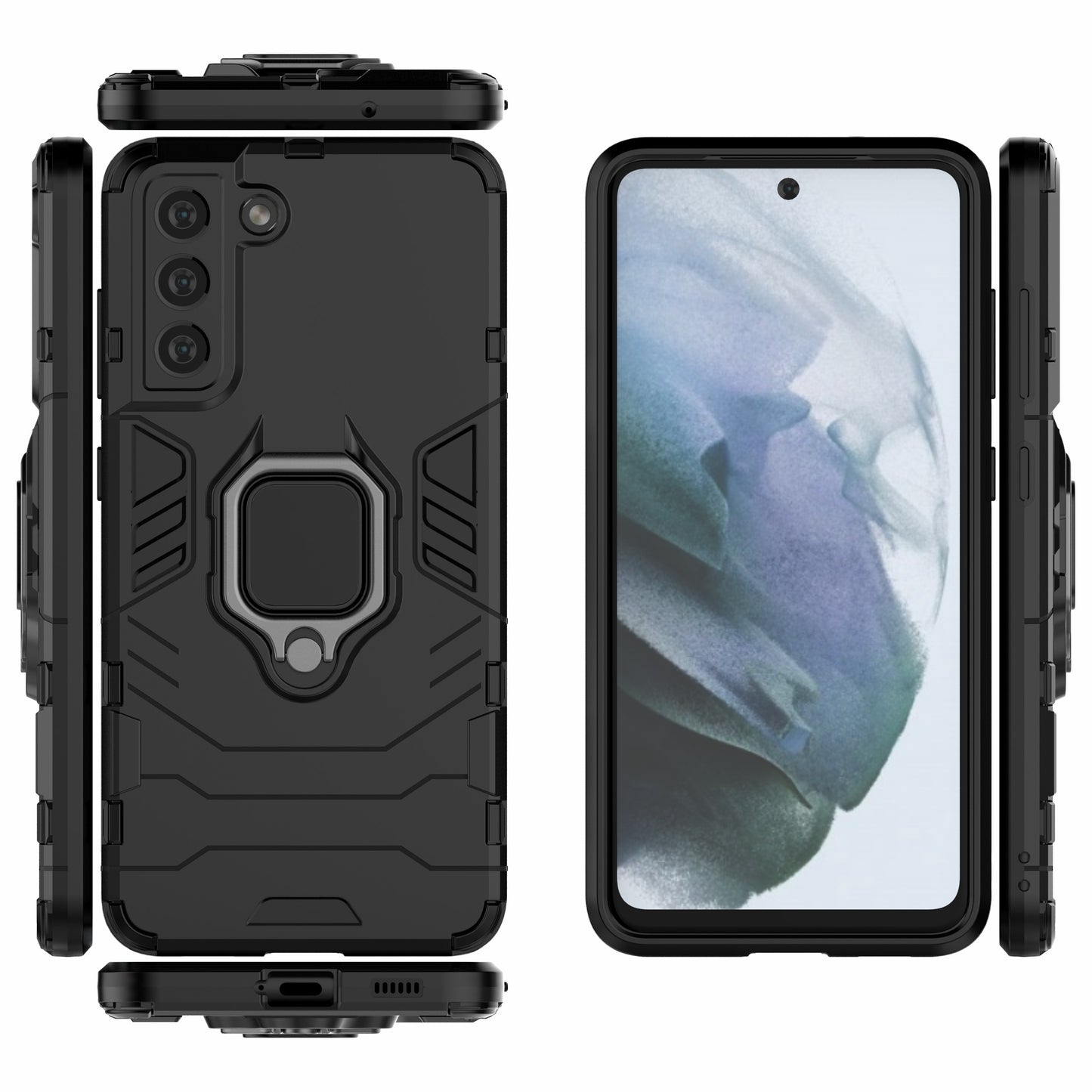 2-in-1 PC TPU Cool Guard Hybrid Cover Well-Protected Case with Ring Holder Kickstand for Samsung Galaxy S21 FE