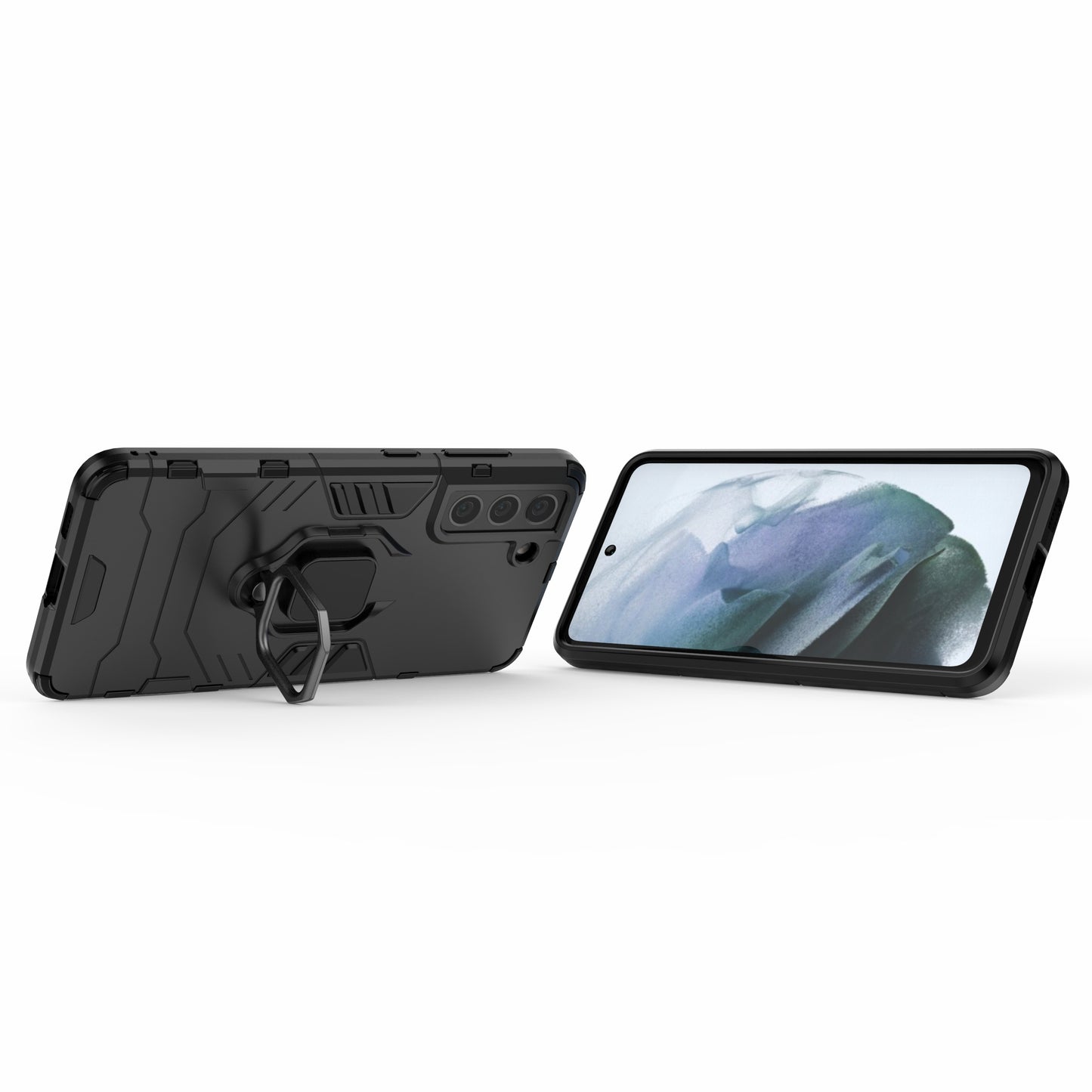 2-in-1 PC TPU Cool Guard Hybrid Cover Well-Protected Case with Ring Holder Kickstand for Samsung Galaxy S21 FE