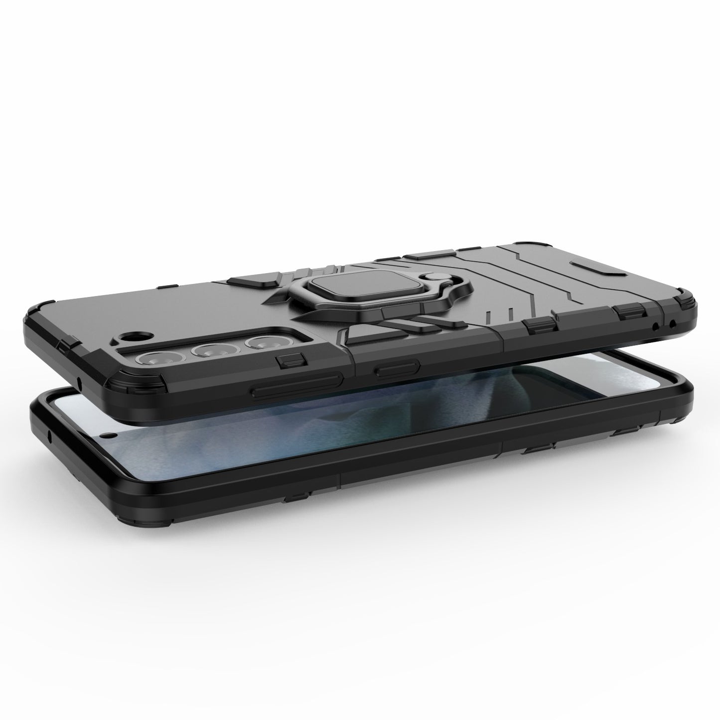 2-in-1 PC TPU Cool Guard Hybrid Cover Well-Protected Case with Ring Holder Kickstand for Samsung Galaxy S21 FE
