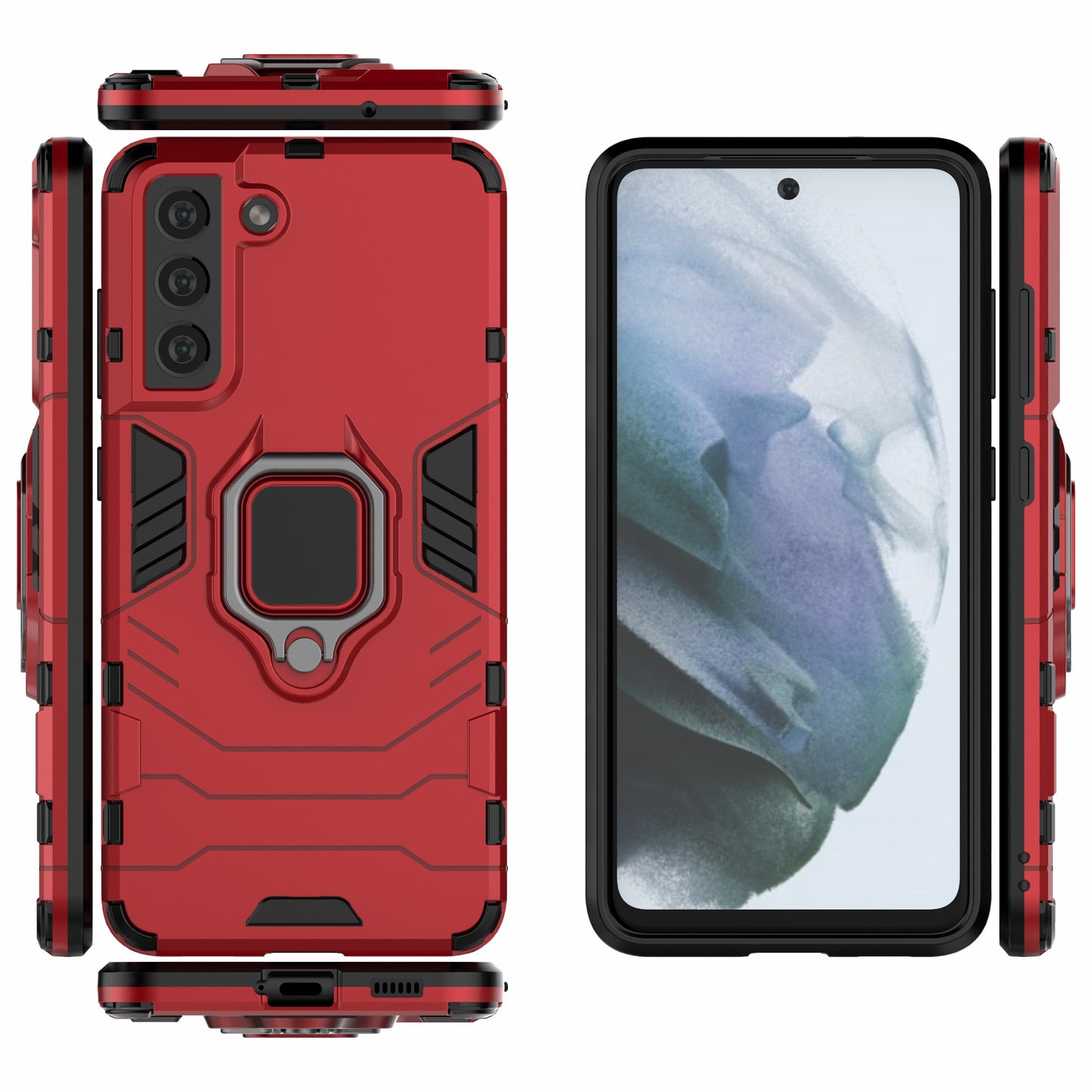 2-in-1 PC TPU Cool Guard Hybrid Cover Well-Protected Case with Ring Holder Kickstand for Samsung Galaxy S21 FE