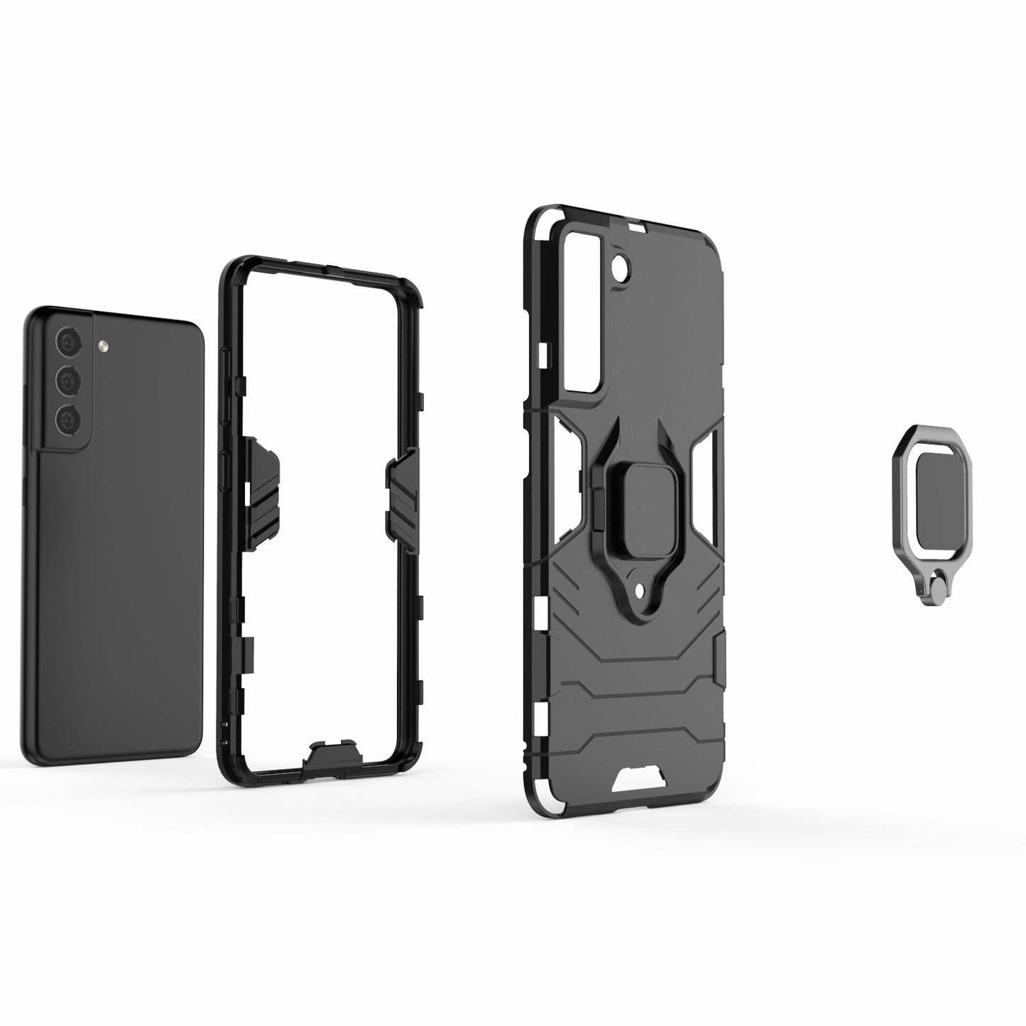 2-in-1 PC TPU Cool Guard Hybrid Cover Well-Protected Case with Ring Holder Kickstand for Samsung Galaxy S21 FE