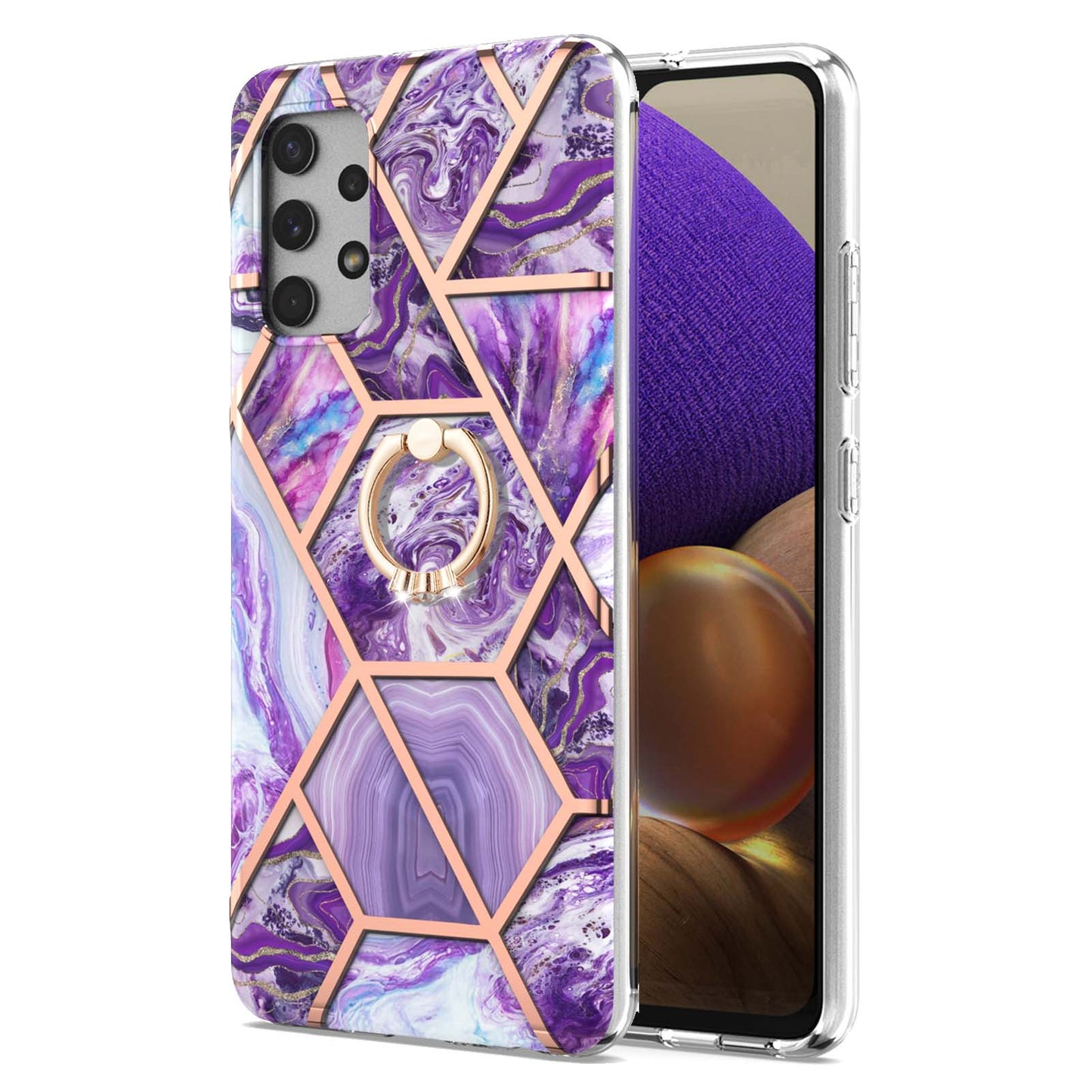 2.0mm IMD IML Electroplating Marble Pattern Shell Kickstand Phone Case for Samsung Galaxy A32 4G (EU Version)