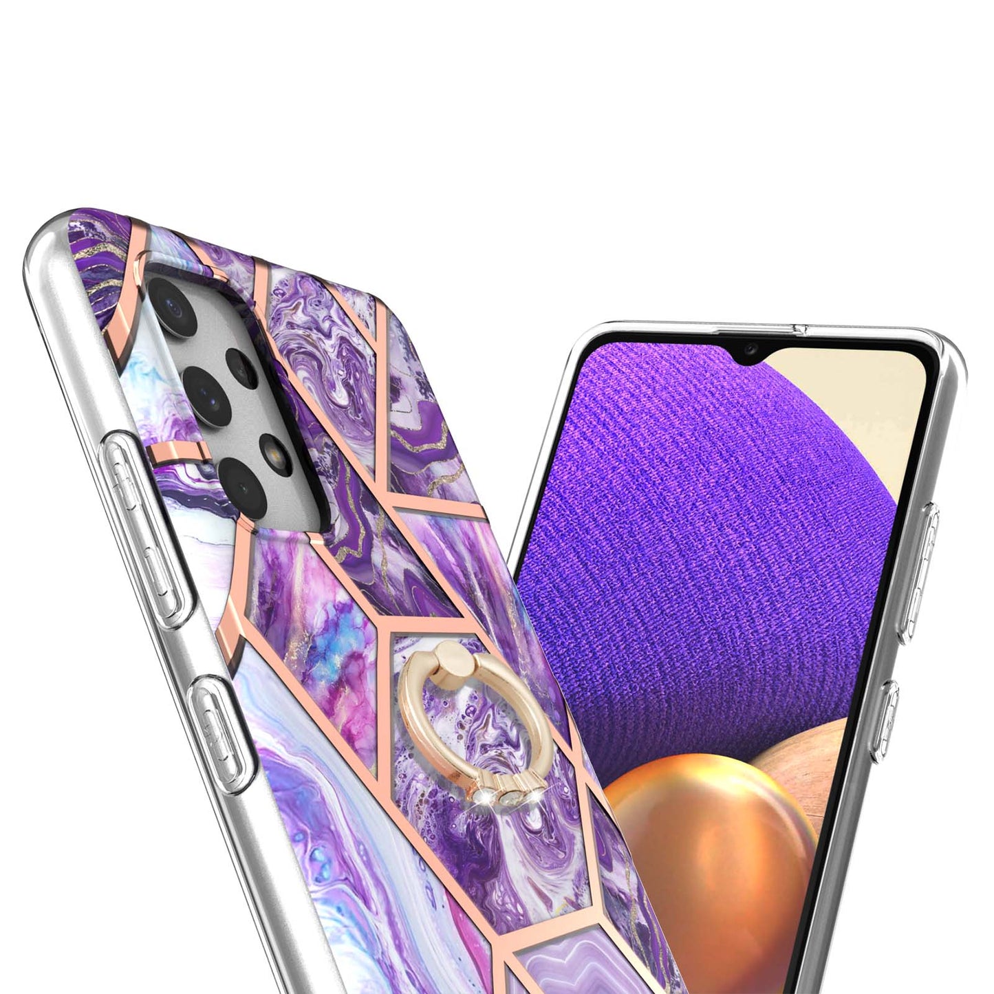 2.0mm IMD IML Electroplating Marble Pattern Shell Kickstand Phone Case for Samsung Galaxy A32 4G (EU Version)