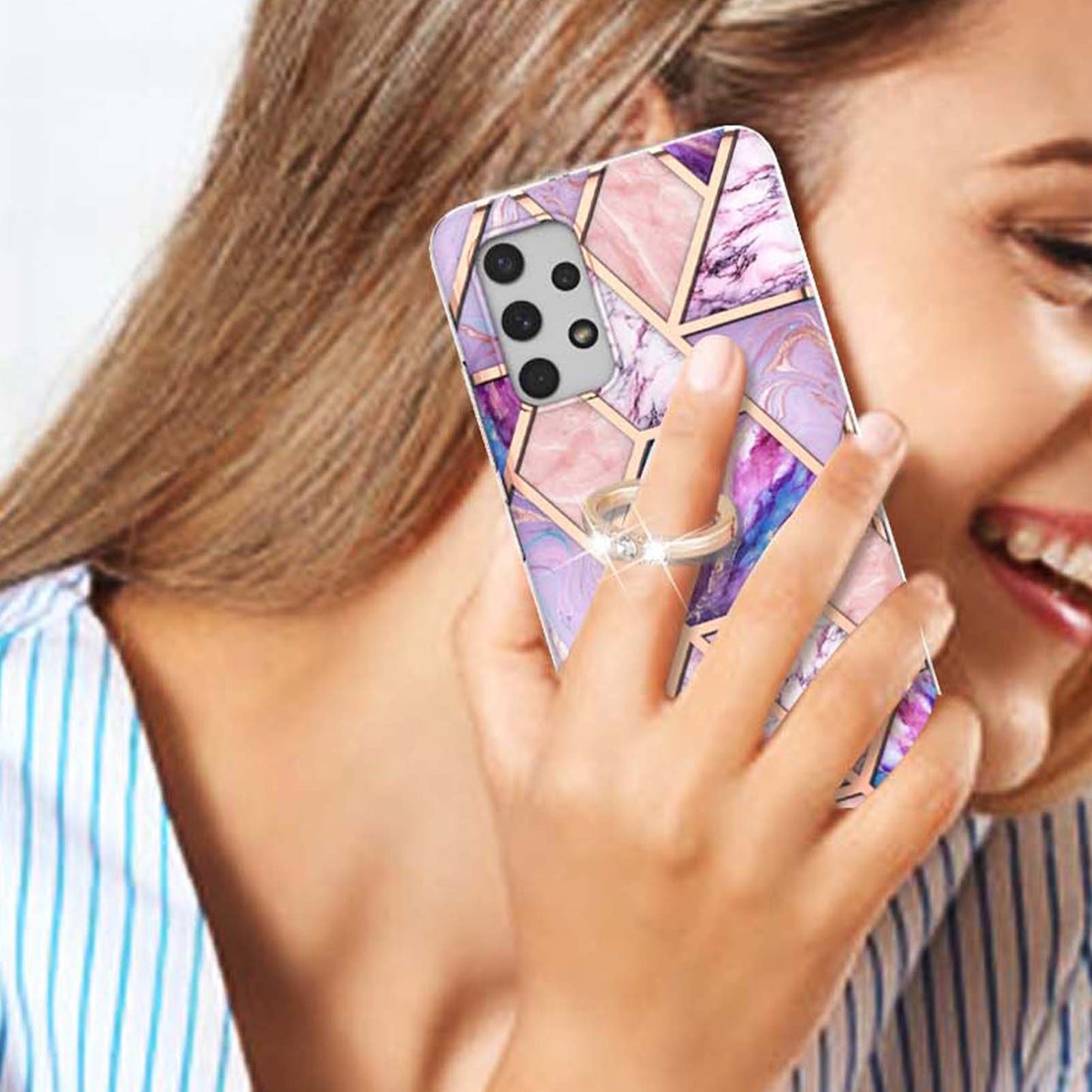 2.0mm IMD IML Electroplating Marble Pattern Shell Kickstand Phone Case for Samsung Galaxy A32 4G (EU Version)