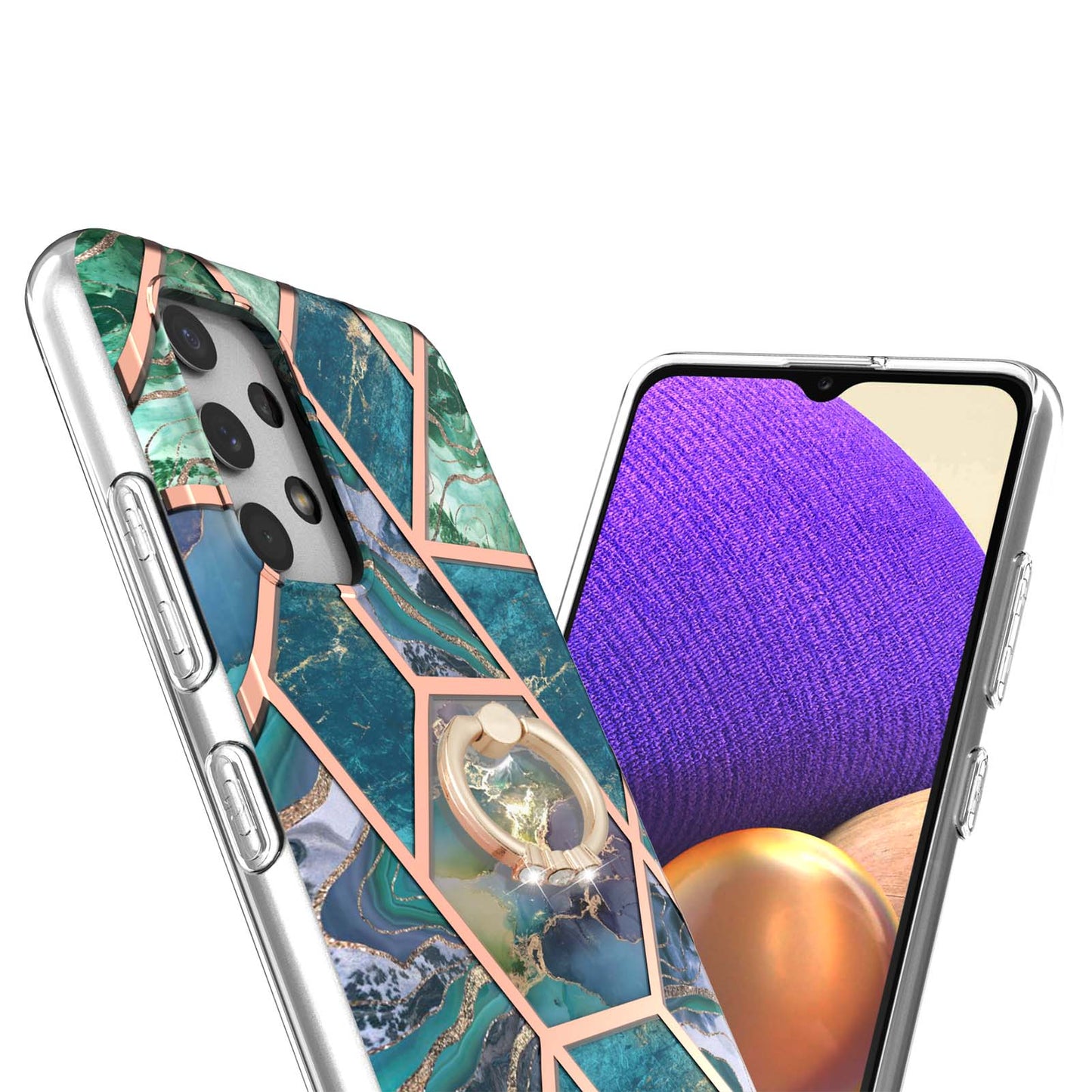 2.0mm IMD IML Electroplating Marble Pattern Shell Kickstand Phone Case for Samsung Galaxy A32 4G (EU Version)