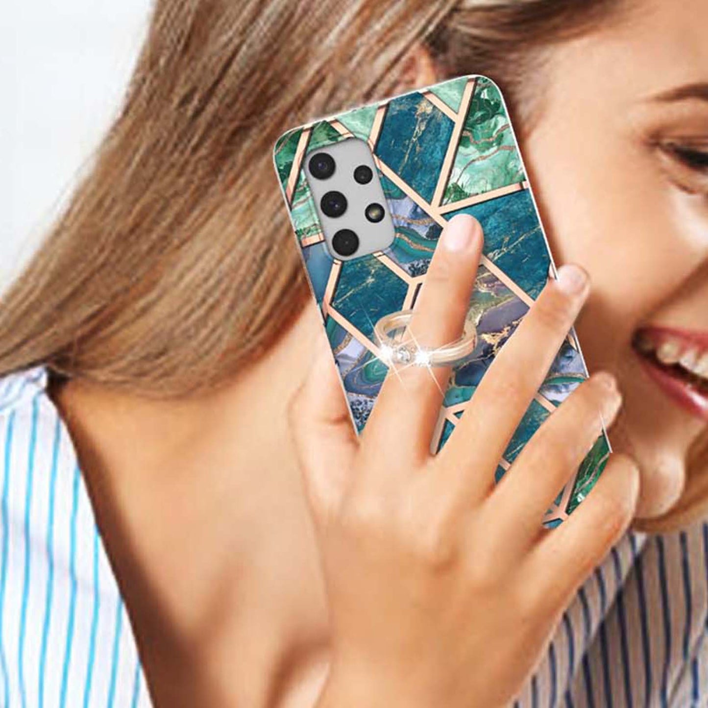 2.0mm IMD IML Electroplating Marble Pattern Shell Kickstand Phone Case for Samsung Galaxy A32 4G (EU Version)