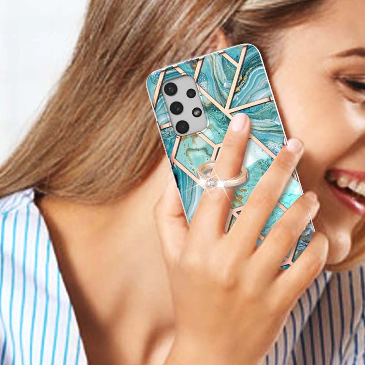 2.0mm IMD IML Electroplating Marble Pattern Shell Kickstand Phone Case for Samsung Galaxy A32 4G (EU Version)