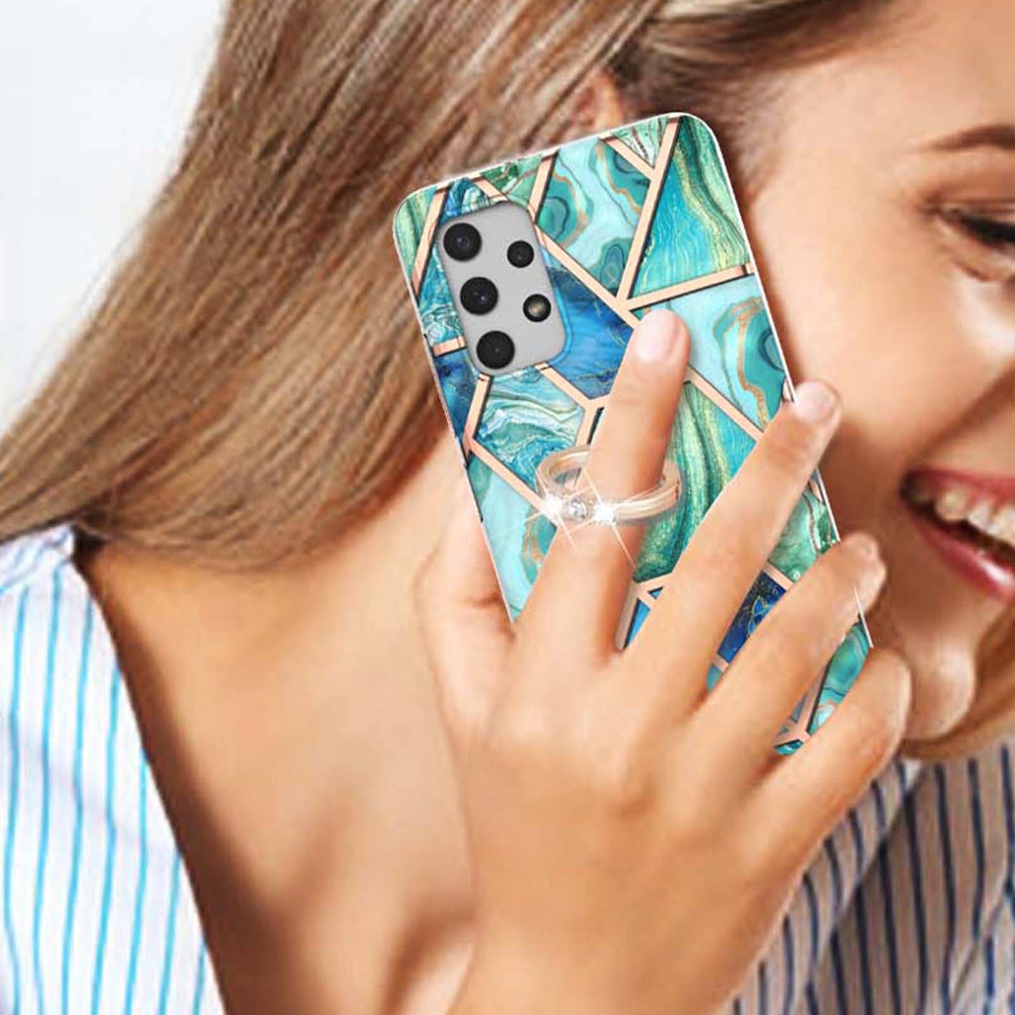 2.0mm IMD IML Electroplating Marble Pattern Shell Kickstand Phone Case for Samsung Galaxy A32 4G (EU Version)