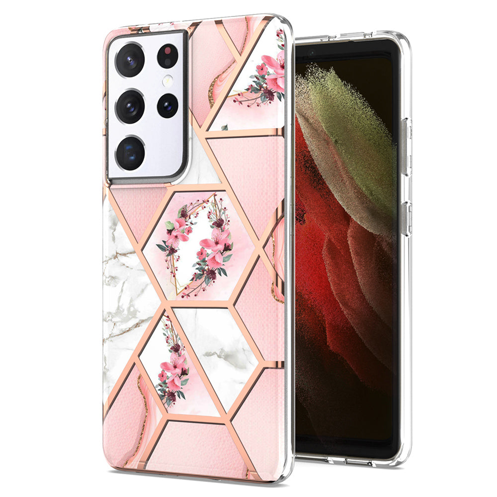 2.0mm IMD IML Electroplating Marble TPU Phone Back Case with Flower Pattern for Samsung Galaxy S21 Ultra 5G