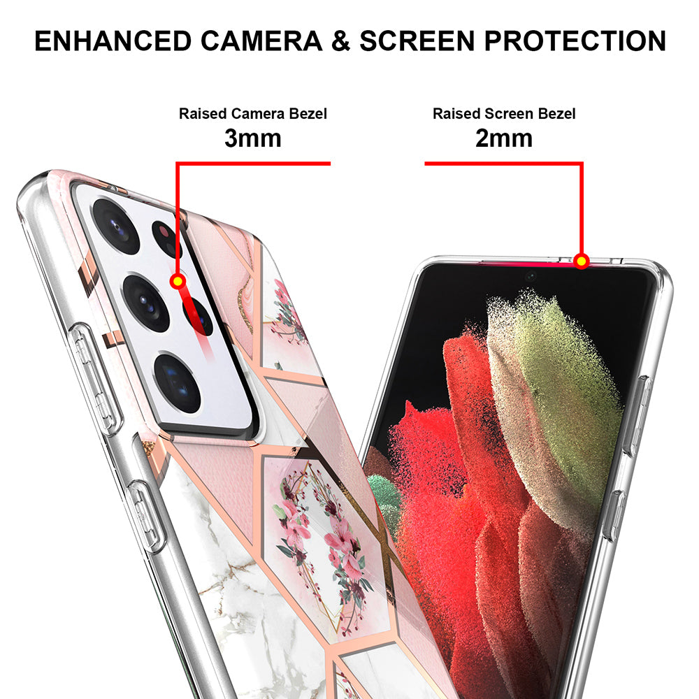 2.0mm IMD IML Electroplating Marble TPU Phone Back Case with Flower Pattern for Samsung Galaxy S21 Ultra 5G