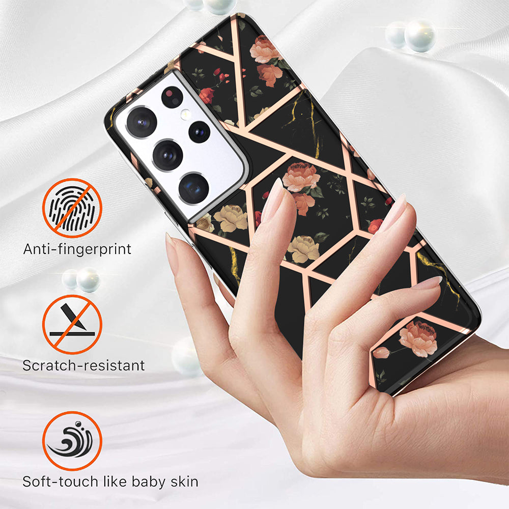 2.0mm IMD IML Electroplating Marble TPU Phone Back Case with Flower Pattern for Samsung Galaxy S21 Ultra 5G
