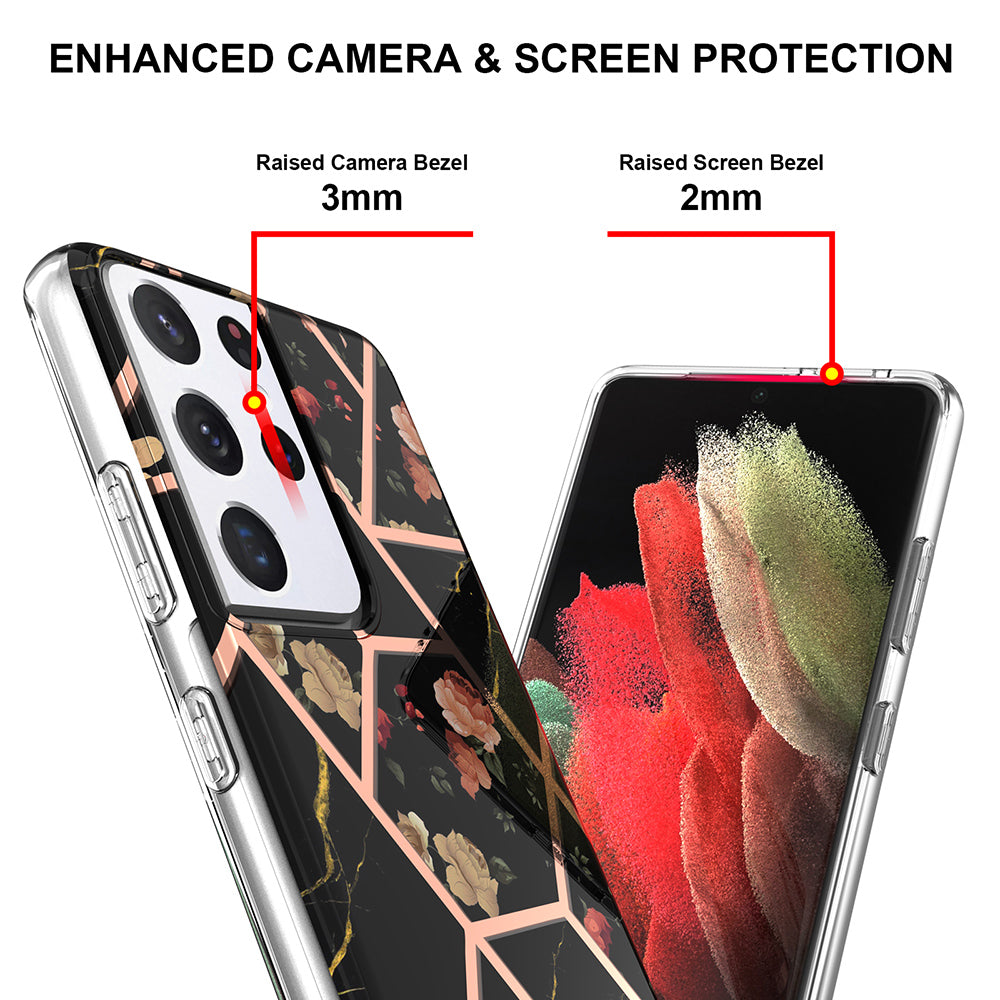 2.0mm IMD IML Electroplating Marble TPU Phone Back Case with Flower Pattern for Samsung Galaxy S21 Ultra 5G