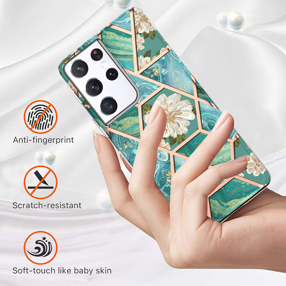 2.0mm IMD IML Electroplating Marble TPU Phone Back Case with Flower Pattern for Samsung Galaxy S21 Ultra 5G