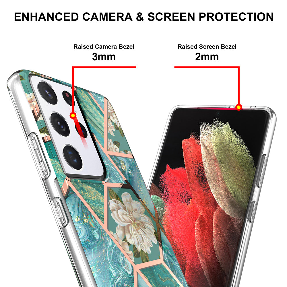 2.0mm IMD IML Electroplating Marble TPU Phone Back Case with Flower Pattern for Samsung Galaxy S21 Ultra 5G