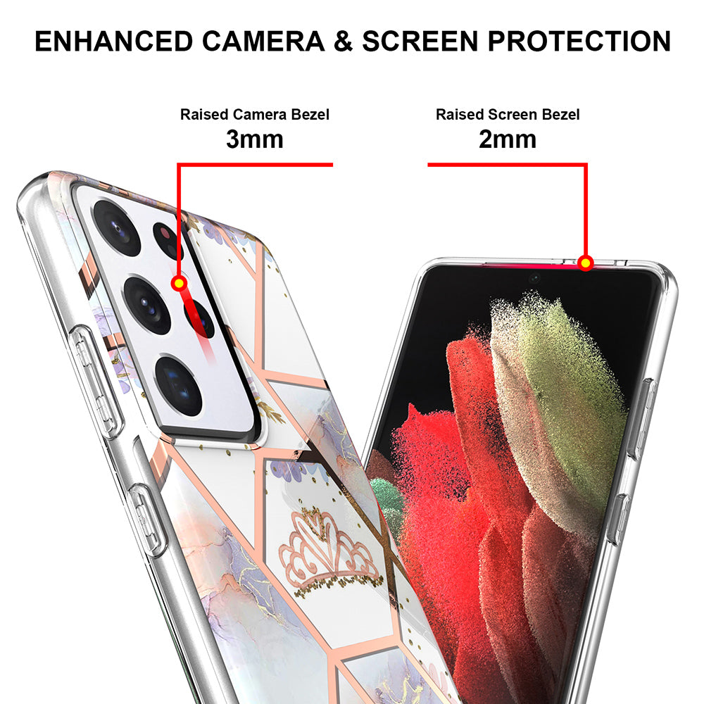 2.0mm IMD IML Electroplating Marble TPU Phone Back Case with Flower Pattern for Samsung Galaxy S21 Ultra 5G