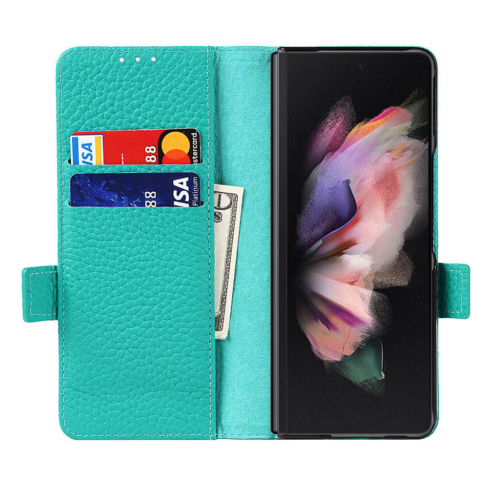 For Samsung Galaxy Z Fold3 5G Litchi Texture Genuine Leather Dual Magnetic Clasp Wallet Stand Phone Case Cover with Pen Slot