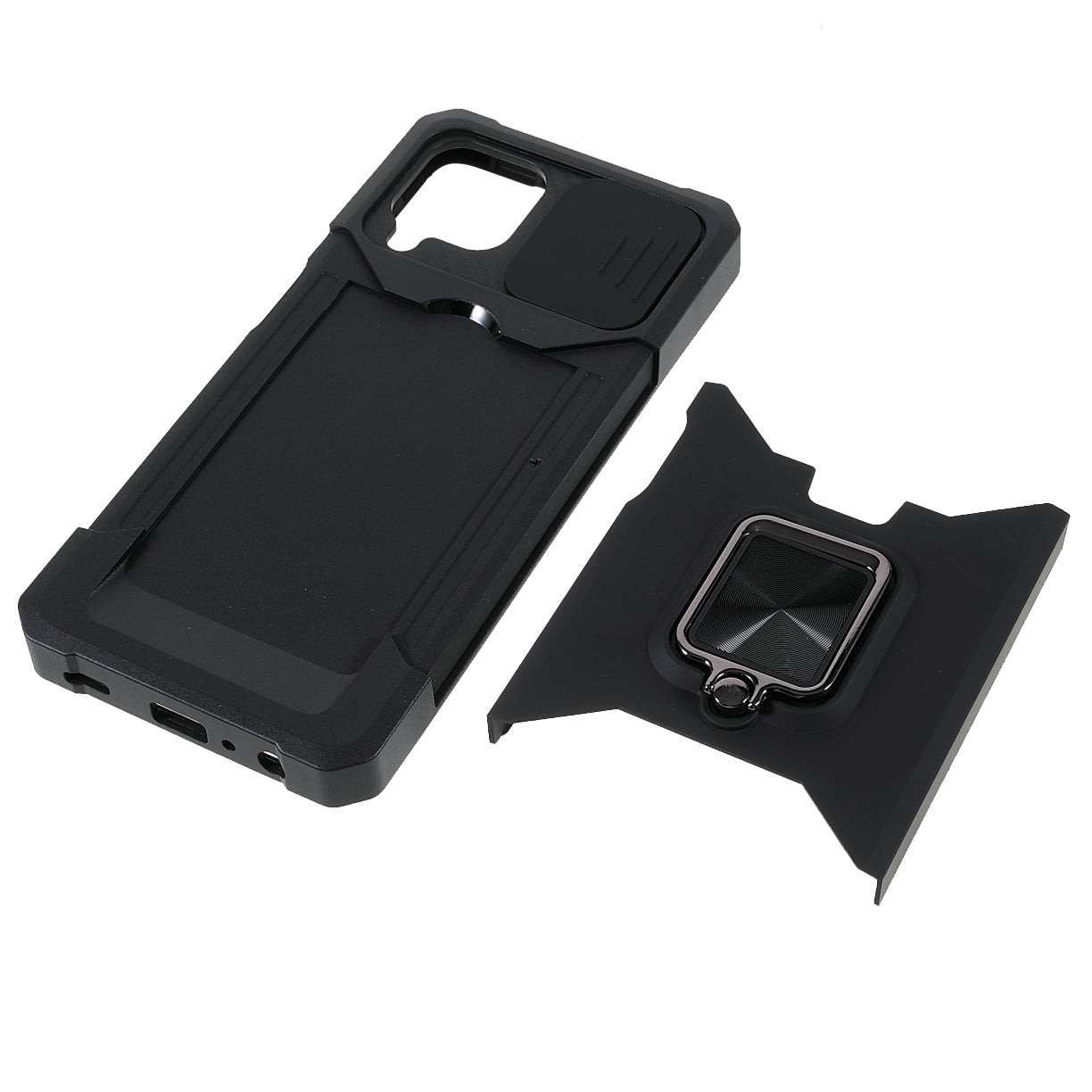 2 in 1 Camera Slider Design Hybrid Phone Case Cover with Kickstand and Card Holder for Samsung Galaxy A22 4G (EU Version)