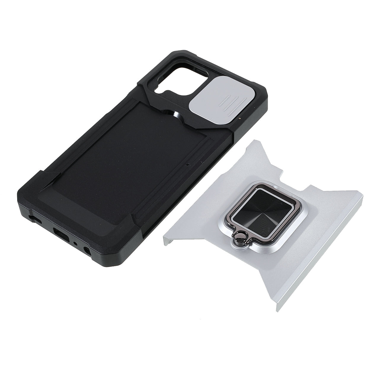 2 in 1 Camera Slider Design Hybrid Phone Case Cover with Kickstand and Card Holder for Samsung Galaxy A22 4G (EU Version)