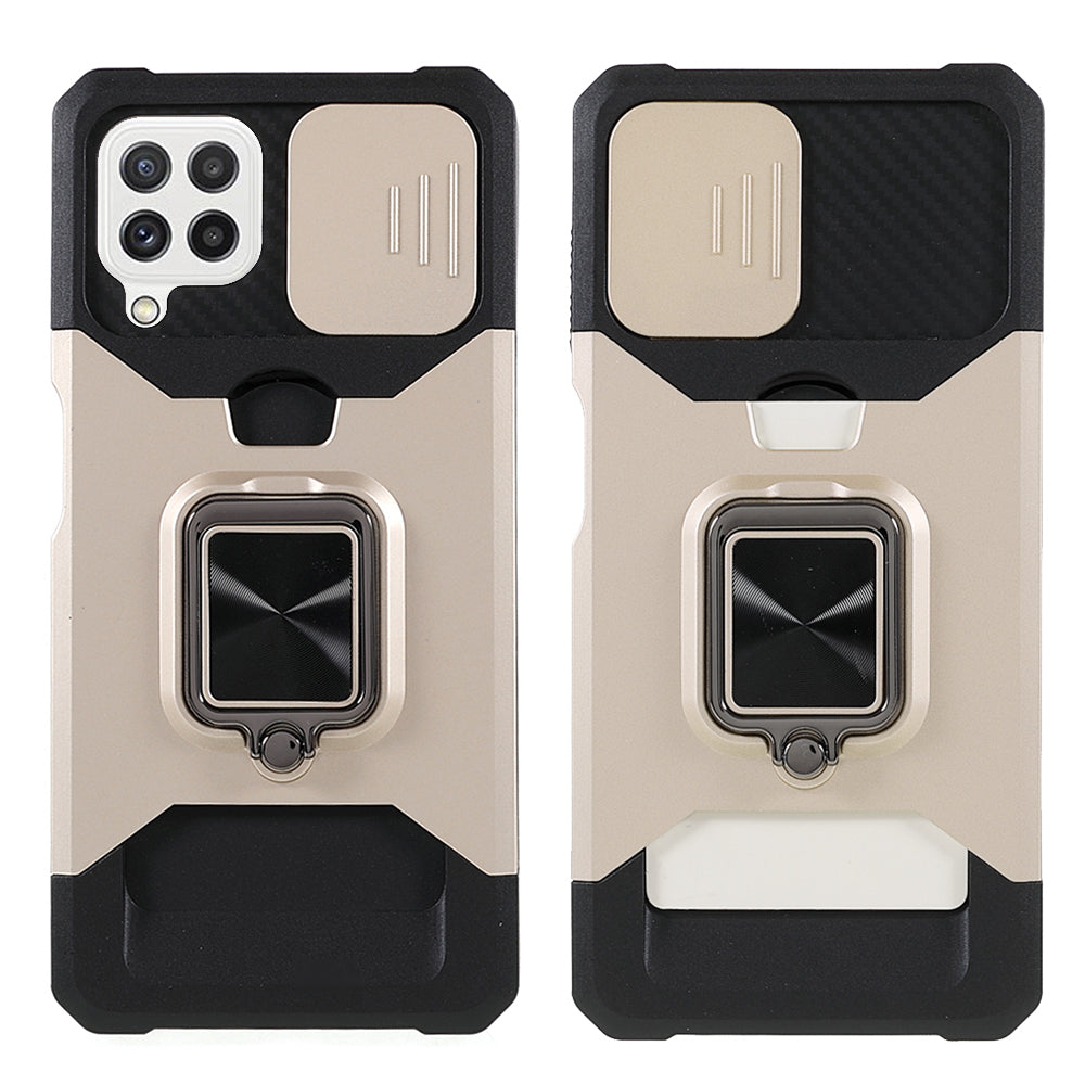 2 in 1 Camera Slider Design Hybrid Phone Case Cover with Kickstand and Card Holder for Samsung Galaxy A22 4G (EU Version)