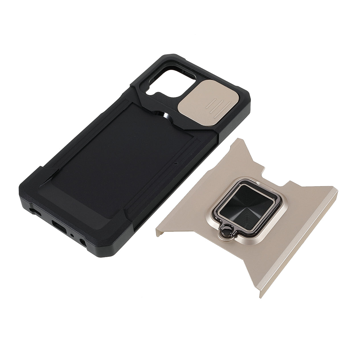 2 in 1 Camera Slider Design Hybrid Phone Case Cover with Kickstand and Card Holder for Samsung Galaxy A22 4G (EU Version)